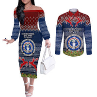 Personalised Northern Mariana Islands Christmas Couples Matching Off The Shoulder Long Sleeve Dress and Long Sleeve Button Shirts Coat of Arms and Map Beautiful Merry Xmas Snowflake LT03 Blue - Polynesian Pride