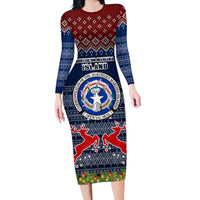 Personalised Northern Mariana Islands Christmas Long Sleeve Bodycon Dress Coat of Arms and Map Beautiful Merry Xmas Snowflake LT03 Long Dress Blue - Polynesian Pride