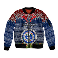 Personalised Northern Mariana Islands Christmas Sleeve Zip Bomber Jacket Coat of Arms and Map Beautiful Merry Xmas Snowflake LT03 Unisex Blue - Polynesian Pride