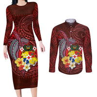Tonga Humpback Whale Couples Matching Long Sleeve Bodycon Dress and Long Sleeve Button Shirt National Seal with Hibiscus and Polynesian Tattoo LT03 Red - Polynesian Pride
