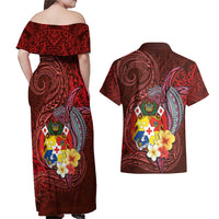 Tonga Humpback Whale Couples Matching Off Shoulder Maxi Dress and Hawaiian Shirt National Seal with Hibiscus and Polynesian Tattoo LT03 - Polynesian Pride