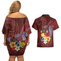 Tonga Humpback Whale Couples Matching Off Shoulder Short Dress and Hawaiian Shirt National Seal with Hibiscus and Polynesian Tattoo LT03 - Polynesian Pride