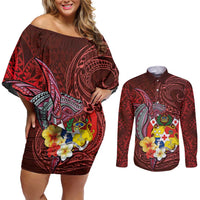 Tonga Humpback Whale Couples Matching Off Shoulder Short Dress and Long Sleeve Button Shirt National Seal with Hibiscus and Polynesian Tattoo LT03 Red - Polynesian Pride