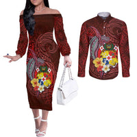 Tonga Humpback Whale Couples Matching Off The Shoulder Long Sleeve Dress and Long Sleeve Button Shirt National Seal with Hibiscus and Polynesian Tattoo LT03 Red - Polynesian Pride