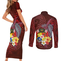Tonga Humpback Whale Couples Matching Short Sleeve Bodycon Dress and Long Sleeve Button Shirt National Seal with Hibiscus and Polynesian Tattoo LT03 - Polynesian Pride