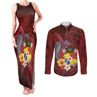 Tonga Humpback Whale Couples Matching Tank Maxi Dress and Long Sleeve Button Shirt National Seal with Hibiscus and Polynesian Tattoo LT03 Red - Polynesian Pride