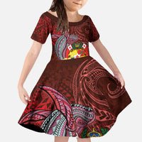 Tonga Humpback Whale Family Matching Off The Shoulder Long Sleeve Dress and Hawaiian Shirt National Seal with Hibiscus and Polynesian Tattoo LT03 Daughter's Dress Red - Polynesian Pride