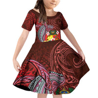 Tonga Humpback Whale Family Matching Off Shoulder Short Dress and Hawaiian Shirt National Seal with Hibiscus and Polynesian Tattoo LT03 Daughter's Dress Red - Polynesian Pride