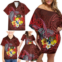 Tonga Humpback Whale Family Matching Off Shoulder Short Dress and Hawaiian Shirt National Seal with Hibiscus and Polynesian Tattoo LT03 - Polynesian Pride