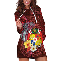 Tonga Humpback Whale Hoodie Dress National Seal with Hibiscus and Polynesian Tattoo LT03 Red - Polynesian Pride