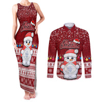 Personalised Palau Christmas Couples Matching Tank Maxi Dress and Long Sleeve Button Shirt Snowman and Palau Coat of Arms Maori Tribal Xmas Style LT03 Red - Polynesian Pride