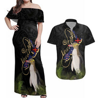 New Zealand Hoiho Couples Matching Off Shoulder Maxi Dress and Hawaiian Shirt Maori Art Tattoo and Silver Fern LT03 Black - Polynesian Pride