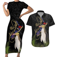 New Zealand Hoiho Couples Matching Short Sleeve Bodycon Dress and Hawaiian Shirt Maori Art Tattoo and Silver Fern LT03 Black - Polynesian Pride