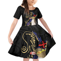 New Zealand Hoiho Family Matching Off Shoulder Short Dress and Hawaiian Shirt Maori Art Tattoo and Silver Fern LT03 Daughter's Dress Black - Polynesian Pride