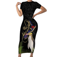 New Zealand Hoiho Family Matching Short Sleeve Bodycon Dress and Hawaiian Shirt Maori Art Tattoo and Silver Fern LT03 Mom's Dress Black - Polynesian Pride