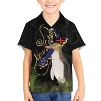 New Zealand Hoiho Kid Hawaiian Shirt Maori Art Tattoo and Silver Fern LT03 Kid Black - Polynesian Pride