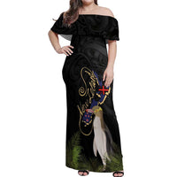New Zealand Hoiho Off Shoulder Maxi Dress Maori Art Tattoo and Silver Fern LT03 Women Black - Polynesian Pride