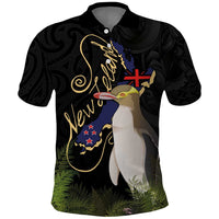 New Zealand Hoiho Polo Shirt Maori Art Tattoo and Silver Fern LT03 Black - Polynesian Pride