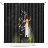 New Zealand Hoiho Shower Curtain Maori Art Tattoo and Silver Fern LT03 Black - Polynesian Pride