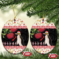 New Zealand Merry Christmas Ceramic Ornament Hoiho Xmas - Haka Dance and Pohutukawa LT03 Oval White - Polynesian Pride