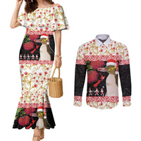 New Zealand Merry Christmas Couples Matching Mermaid Dress and Long Sleeve Button Shirt Hoiho Xmas - Haka Dance and Pohutukawa LT03 White - Polynesian Pride
