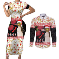 New Zealand Merry Christmas Couples Matching Short Sleeve Bodycon Dress and Long Sleeve Button Shirt Hoiho Xmas - Haka Dance and Pohutukawa LT03 White - Polynesian Pride
