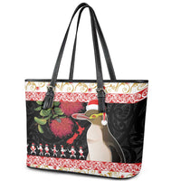New Zealand Merry Christmas Leather Tote Bag Hoiho Xmas - Haka Dance and Pohutukawa LT03 - Polynesian Pride