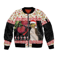 New Zealand Merry Christmas Sleeve Zip Bomber Jacket Hoiho Xmas - Haka Dance and Pohutukawa LT03 Unisex White - Polynesian Pride