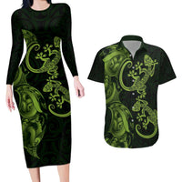 New Zealand Gecko Maori Art Tattoo Couples Matching Long Sleeve Bodycon Dress and Hawaiian Shirt LT03 Green - Polynesian Pride