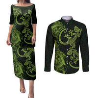 New Zealand Gecko Maori Art Tattoo Couples Matching Puletasi and Long Sleeve Button Shirt LT03 Green - Polynesian Pride