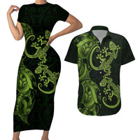 New Zealand Gecko Maori Art Tattoo Couples Matching Short Sleeve Bodycon Dress and Hawaiian Shirt LT03 Green - Polynesian Pride