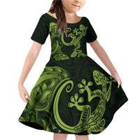 New Zealand Gecko Maori Art Tattoo Family Matching Off Shoulder Short Dress and Hawaiian Shirt LT03 Daughter's Dress Green - Polynesian Pride