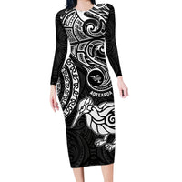 New Zealand Long Sleeve Bodycon Dress Stylized Kiwi Bird Tattoo Mix Koru Circle and Maori Ethnic Vibe LT03 Long Dress Black - Polynesian Pride