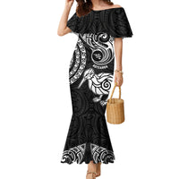 Personalised New Zealand Family Matching Mermaid Dress and Hawaiian Shirt Stylized Kiwi Bird Tattoo Mix Koru Circle and Maori Ethnic Vibe LT03 Mom's Dress Black - Polynesian Pride