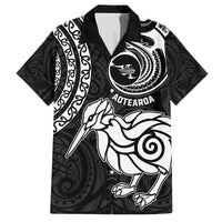 Personalised New Zealand Family Matching Puletasi Dress and Hawaiian Shirt Stylized Kiwi Bird Tattoo Mix Koru Circle and Maori Ethnic Vibe LT03 Dad's Shirt - Short Sleeve Black - Polynesian Pride