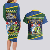 Funny Crocodile and Shark Solomon Islands Christmas Couples Matching Long Sleeve Bodycon Dress and Hawaiian Shirt with National Seal Melanesian Pattern LT03 - Polynesian Pride