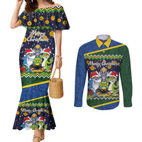 Funny Crocodile and Shark Solomon Islands Christmas Couples Matching Mermaid Dress and Long Sleeve Button Shirt with National Seal Melanesian Pattern LT03 Blue - Polynesian Pride