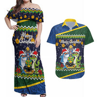 Funny Crocodile and Shark Solomon Islands Christmas Couples Matching Off Shoulder Maxi Dress and Hawaiian Shirt with National Seal Melanesian Pattern LT03 Blue - Polynesian Pride