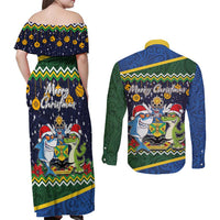 Funny Crocodile and Shark Solomon Islands Christmas Couples Matching Off Shoulder Maxi Dress and Long Sleeve Button Shirt with National Seal Melanesian Pattern LT03 - Polynesian Pride