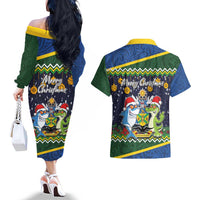 Funny Crocodile and Shark Solomon Islands Christmas Couples Matching Off The Shoulder Long Sleeve Dress and Hawaiian Shirt with National Seal Melanesian Pattern LT03 - Polynesian Pride