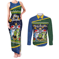 Funny Crocodile and Shark Solomon Islands Christmas Couples Matching Tank Maxi Dress and Long Sleeve Button Shirt with National Seal Melanesian Pattern LT03 Blue - Polynesian Pride