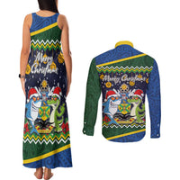 Funny Crocodile and Shark Solomon Islands Christmas Couples Matching Tank Maxi Dress and Long Sleeve Button Shirt with National Seal Melanesian Pattern LT03 - Polynesian Pride