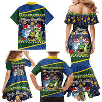Funny Crocodile and Shark Solomon Islands Christmas Family Matching Mermaid Dress and Hawaiian Shirt with National Seal Melanesian Pattern LT03 - Polynesian Pride