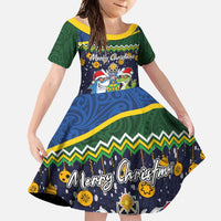 Funny Crocodile and Shark Solomon Islands Christmas Family Matching Off Shoulder Maxi Dress and Hawaiian Shirt with National Seal Melanesian Pattern LT03 Daughter's Dress Blue - Polynesian Pride