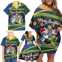 Funny Crocodile and Shark Solomon Islands Christmas Family Matching Off Shoulder Short Dress and Hawaiian Shirt with National Seal Melanesian Pattern LT03 - Polynesian Pride