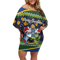 Funny Crocodile and Shark Solomon Islands Christmas Family Matching Off Shoulder Short Dress and Hawaiian Shirt with National Seal Melanesian Pattern LT03 Mom's Dress Blue - Polynesian Pride