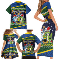 Funny Crocodile and Shark Solomon Islands Christmas Family Matching Short Sleeve Bodycon Dress and Hawaiian Shirt with National Seal Melanesian Pattern LT03 - Polynesian Pride