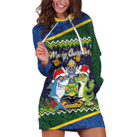 Funny Crocodile and Shark Solomon Islands Christmas Hoodie Dress with National Seal Melanesian Pattern LT03 Blue - Polynesian Pride