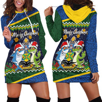 Funny Crocodile and Shark Solomon Islands Christmas Hoodie Dress with National Seal Melanesian Pattern LT03 - Polynesian Pride