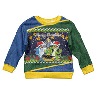 Solomon Islands Christmas Kid Ugly Christmas Sweater Funny Xmas Crocodile and Shark with National Seal Melanesian Pattern LT03 Kid Blue - Polynesian Pride